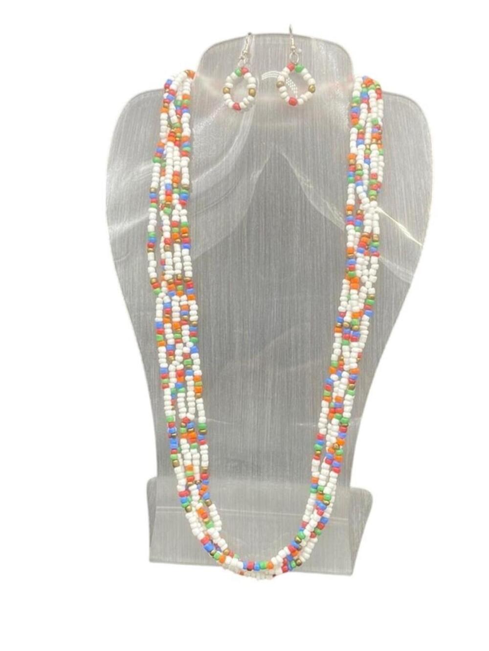 White Maasai Multi Strand Beaded Necklace Earrings Set African Jewelry-New